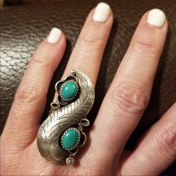 Vintage Navajo Sterling Feather Turquoise Ring - Picture 3 of 4